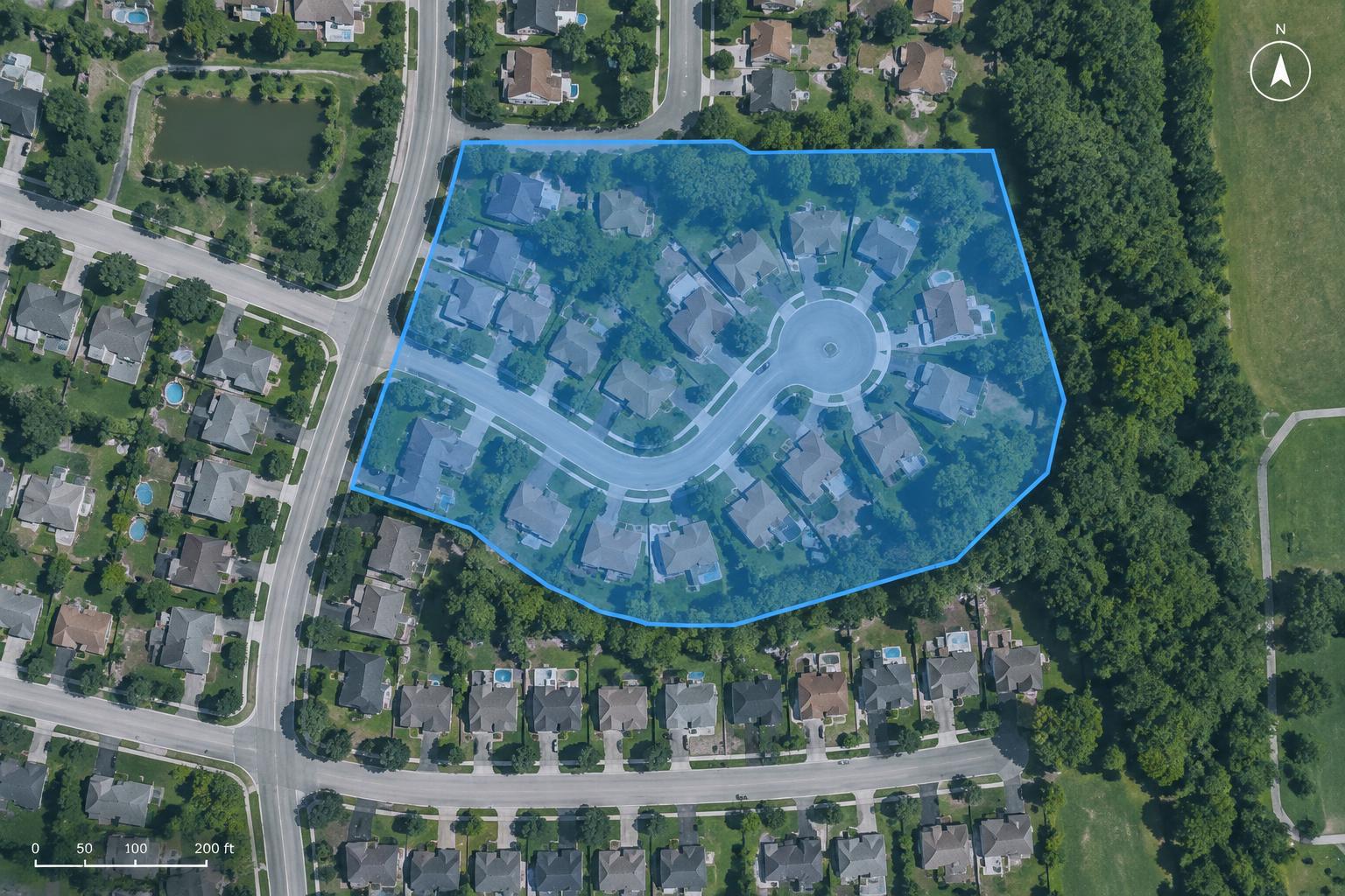 Aerial map of a neighborhood with one exclusive service area highlighted